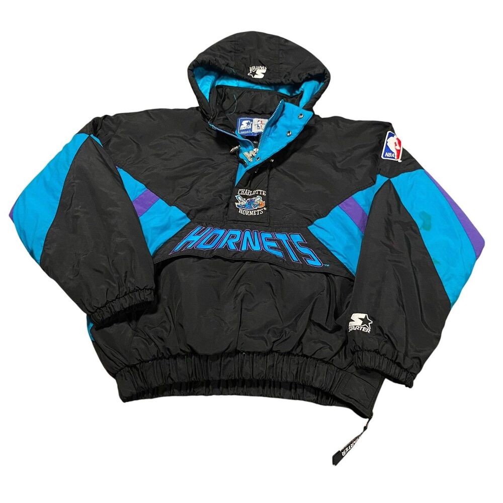 Vintage 90s Starter Charlotte Hornets Quarter Zip Puffer Jacket L UNC Coat NBA